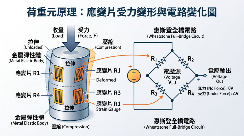 荷重元工作原理：應變片在金屬彈性體上的受力變形與惠斯登全橋電路變化圖