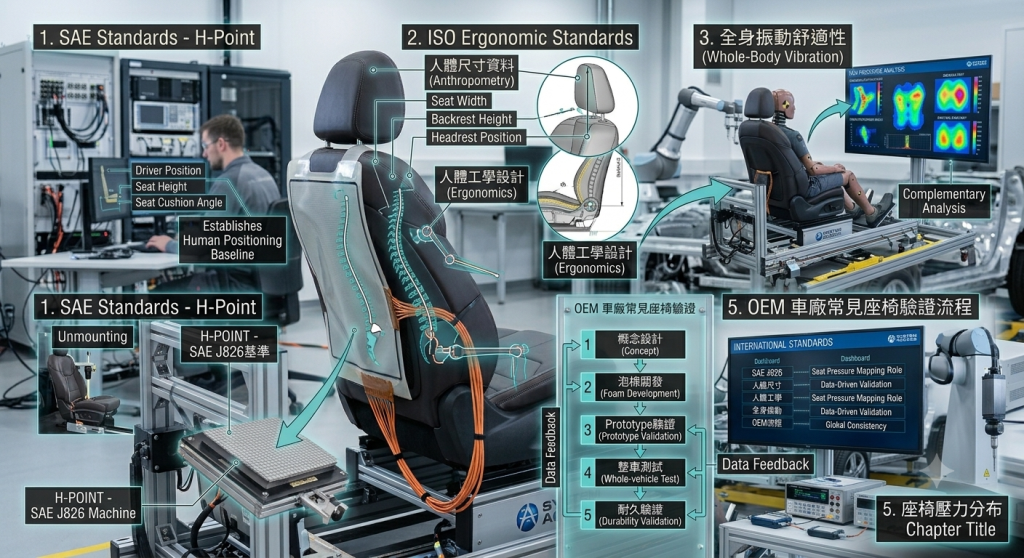 車用座椅壓力分布量測與國際標準及 OEM 驗證流程整合示意